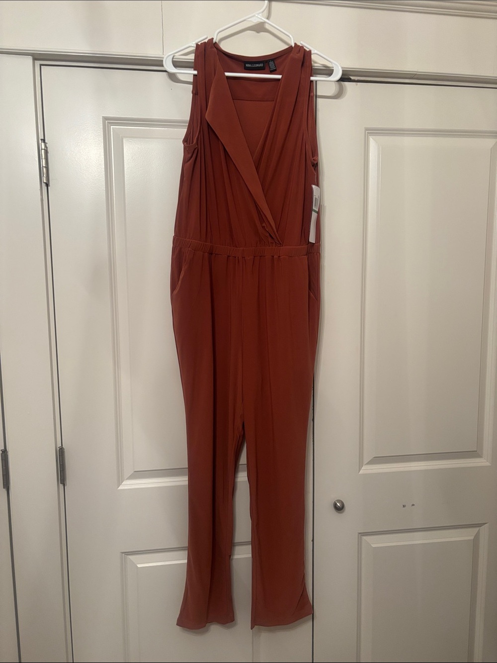 Nina Leonard Rust-Red V-Neck Sleeveless Jumpsuit